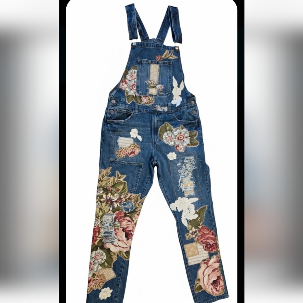 Floral Upcycled Patchwork Dark Denim Overalls By … - image 14